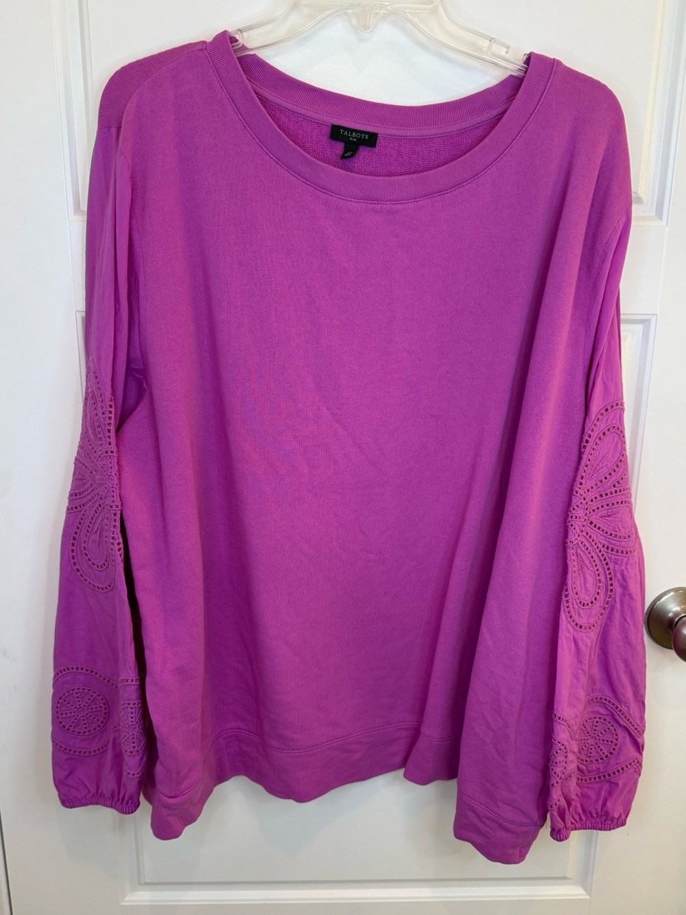 Talbots Sweatshirt 2x Purple Eyelet Sleeve Puff Pullover Terry Cotton Boho Solid